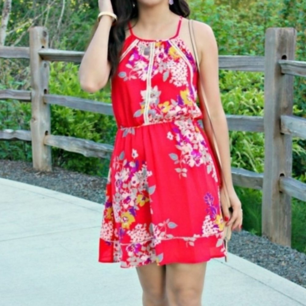 Collective Concepts Joliee Coral Sleeveless Chiffon floral mini Dress, small